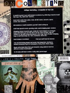 My Daily Ephemera Workshop Poster collage is composed of: map pieces, wrapping paper, magazine images, old hand written letters, bus transfer, political flyer, calendar fragment, scrapbook paper, alphabet stickers, words from poetry book, legend of shopping mall map and Dymo tape writer. Text is inspired by a pop song, Twilight Movie soundtrack lyric, Mayan legend and astrological signs.