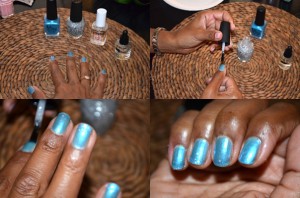 Left to Right: supplies; adding coat of metallic blue polish; adding coat of glitter polish; finished nails.
