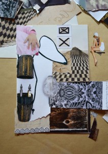 Collage in progress on my work table, September 2012. Don't know what I'll call it. Feel it needs some text.