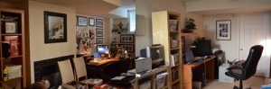 My busy side of the studio (left). Kevin’s area is much more minimal and serene (right).