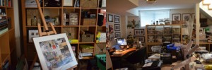 My vision board is here to continually inspire my art practice (left). At the moment, my cluttered studio space is definitely in need of a makeover (right).