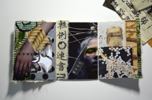 Michelle Casey, “Being” (Interior), ATC, Collage, 7.5 x 3.5 inches, March 2013… Note: portion on left panel below image of Greek sculpture is raised with double-sided tape.
