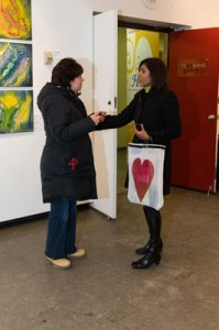 Mixed Media artist Dulce Tapp (left) & Michelle Casey (right) discussing Ducle's upcoming summer exhibition at Orange Gallery, "Inner Beauty" Opening, February 2013