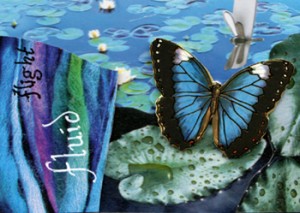 Cristiane Doherty, “Fluid Flight”, ATC, Mixed Media/Collage, 2.5 x 3.5 inches, March 2013… Note: the butterfly has been raised using double-sided tape – such a great idea!