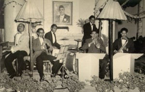 A photo of Dad and his band. He's the drummer (centre). This photo was probably taken in the late 1950's or early 1960s at the Rawalpindi Military Club in Pakistan.