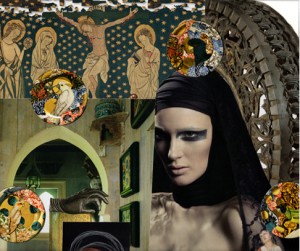 The top portion of “The Curse” (Michelle Casey, Collage, July 2013)… veering away from the rectangular format this piece’s outer elements defines its shape.