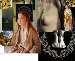 The bottom portion of “The Curse” (Michelle Casey, Collage, July 2013)… many pieces in this work are mounted on thick mixed media paper so they appear raised.