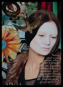 Michelle Casey, "Fukushima, Hiroshima, Nagasaki", Collage/Mixed Media Journal Page, 8.5 x 6 inches, April 2011. Photo of woman by Teneshia Carr in Noise #26, UK, 2010