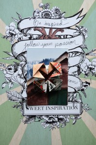 The exterior of my lotus flower artist trading card... note it's been photographed against a cool ad I found.