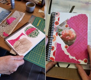 Johanne Leveille's journal pages are inspired by Zen gardening and Shodoo. The characters on the top left page signify the words filial and kindness or a positive feeling related to thoughtfulness.